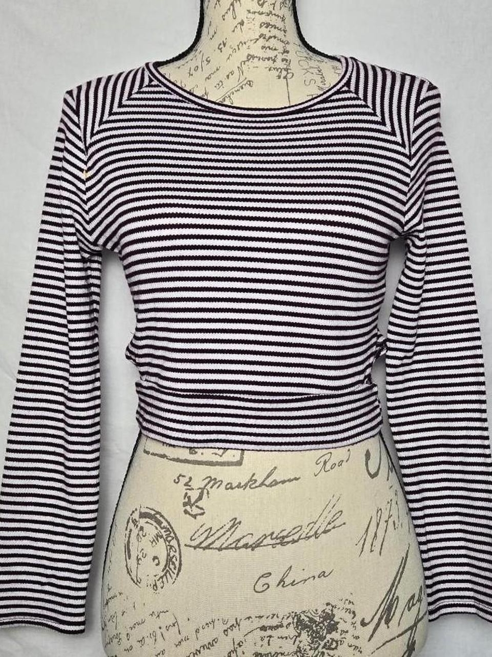 One Clothing Striped Crop Top Ribbed Long Sleeve Cutout Sides Burgundy White - L
